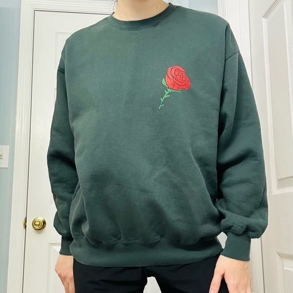 Vintage Sweatshirt Unisex Rose Casual Streetwear 90s Flower Green Oversized - Picture 7 of 7